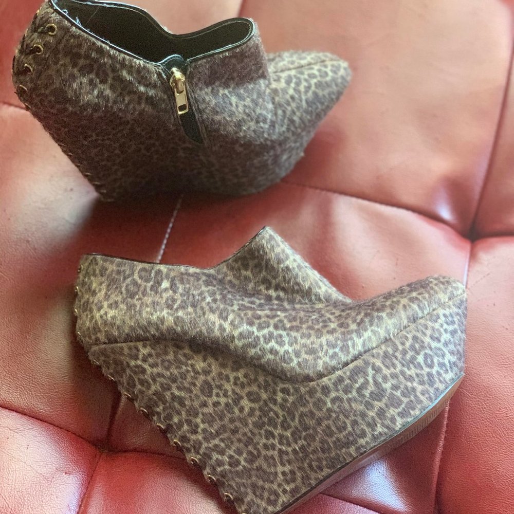 Faux Fur Leopard Platform Booties w/Back Lace Up